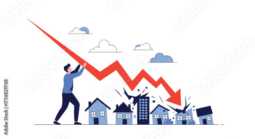 Economic recession causes housing market crash with falling prices.