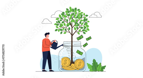 A man watering a money tree growing out of a jar filled with coins.