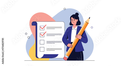 A woman checking a list with a large pencil.