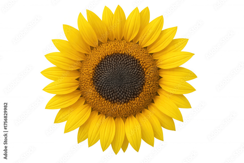 Fototapeta premium Sunflower head with bright yellow petals and dark brown center, facing front, representing summer and nature, transparent background
