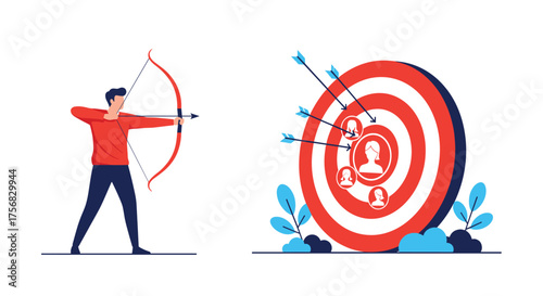Man aiming bow and arrow at a target with many people icons.