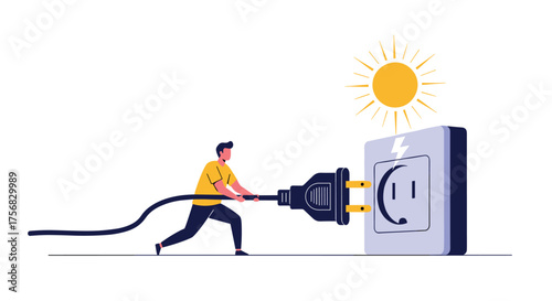 Person connecting a solar powered plug to a wall socket.