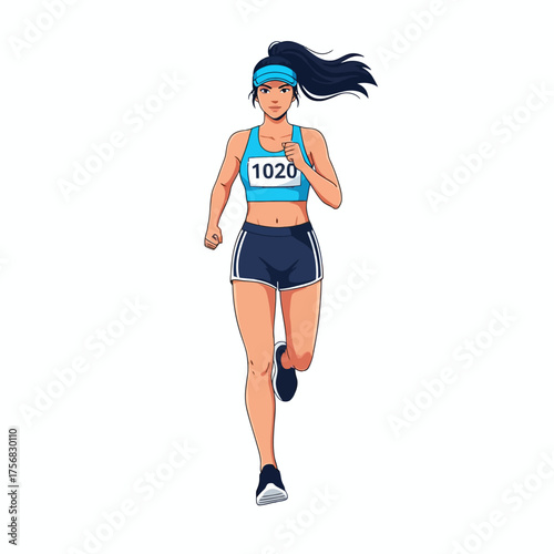 Cartoon illustration of a young athletic woman with a race number running in a marathon.