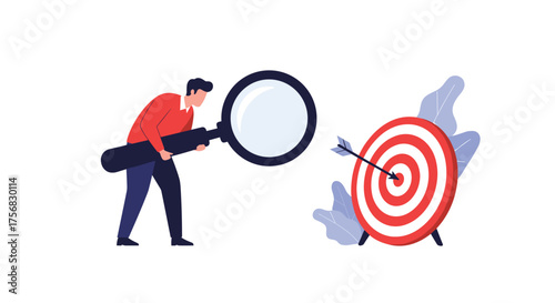 A person uses a magnifying glass to examine a dartboard with an arrow in the bullseye.