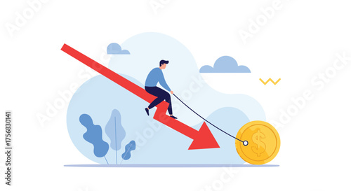 Person riding a red arrow down towards a coin symbolizing financial loss.