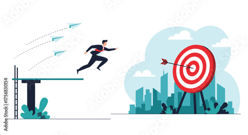A businessman leaps off a diving board with paper airplanes flying behind him toward a target.