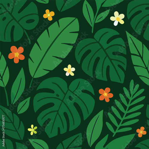 Tropical Forest Seamless Pattern with Monstera and Flowers