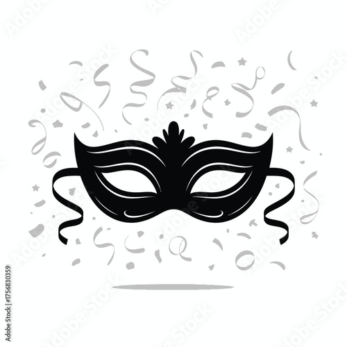 Elegant black masquerade mask with confetti background