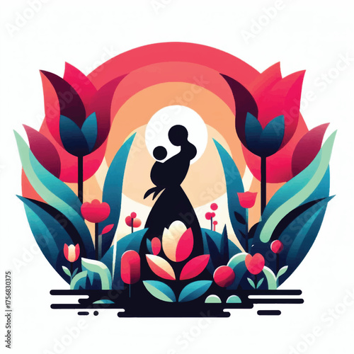 Mother holding baby silhouette surrounded by flowers and sunset.