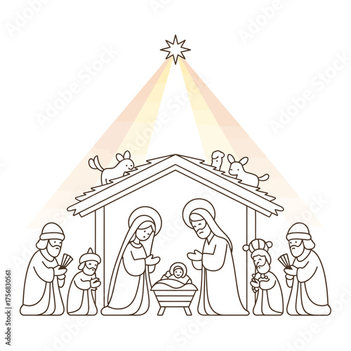 Nativity scene with mary joseph jesus and wise men under star