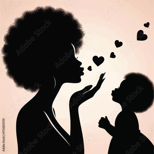 Silhouette of a Mother Blowing Kisses to Her Child with Hearts.