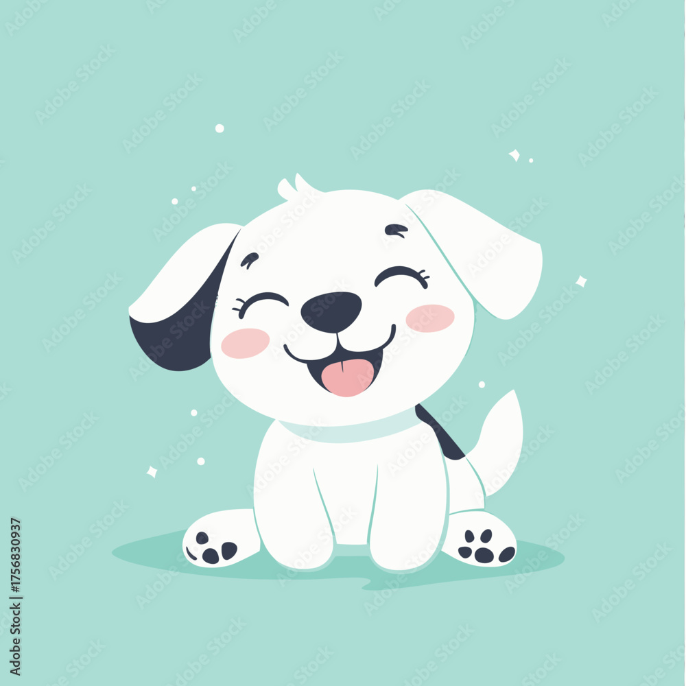 Fototapeta premium Happy cute white puppy dog with black spot on ear and tail sitting smiling with tongue out on blue background cartoon vector illustration