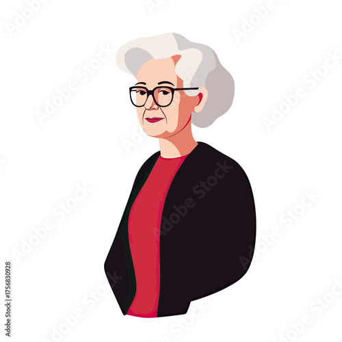 Elegant elderly woman with white hair and glasses wearing black shawl and red top flat minimalist vector illustration portrait