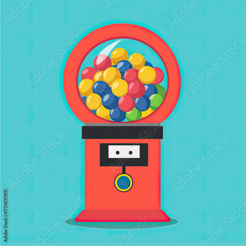 Bright red gumball machine filled with multicolored round gumballs on blue background flat minimalist vector illustration vending toy candy dispenser with coin slot and lever