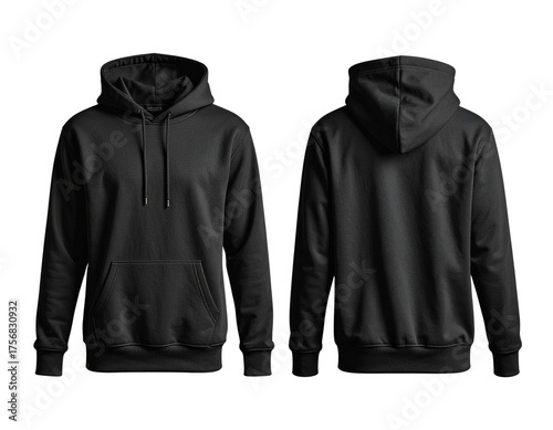 Minimalist Black Pullover Hoodie Front and Back Mockup – Studio Flat Lay PNG