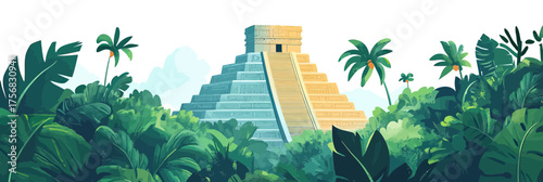 Mayan pyramid temple rising above dense tropical jungle canopy with palm trees and lush green vegetation vector illustration flat design