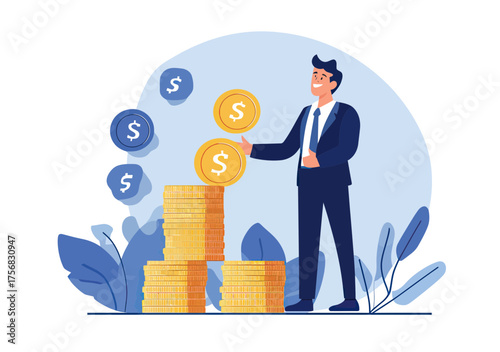 Businessman stacking coins growing wealth investment concept smiling successful investor holding dollar symbols minimalist vector illustration in blue tones