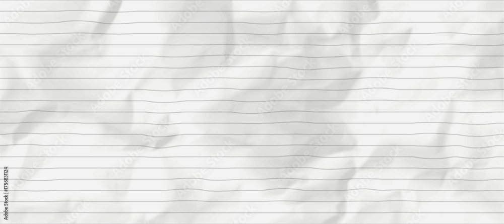 Crumbled paper background. Lined notebook page with wrinkle texture bg. Vector realistic texture, school backdrop with copy space