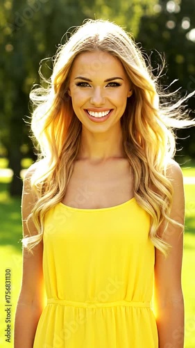 Woman in yellow dress smiles towards camera in outdoor sunlight