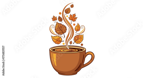 A brown cup of a hot autumn beverage with steam creatively shaped into swirling fall leaves.