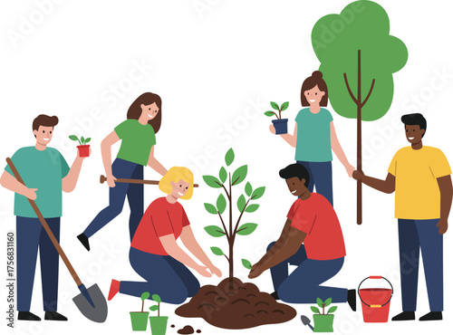 Community effort planting trees together diverse people working in garden environment for sustainability isolated on transparent background
