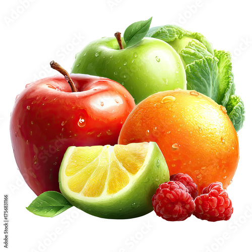 Colorful fruit mix, apples, orange, lime, cabbage, raspberries