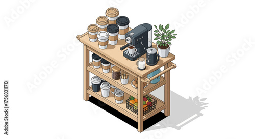An isometric illustration of a wooden coffee cart with an espresso machine, cups, and supplies on a white background.