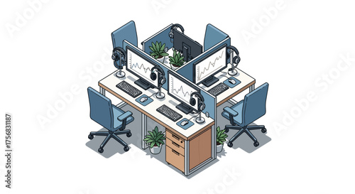 Isometric illustration of a modern four-person office cubicle workstation for a call center or customer support.