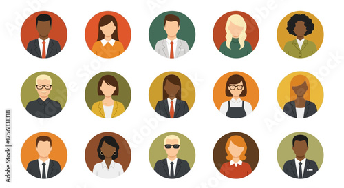 A diverse collection of flat design style avatars representing various people and professionals.