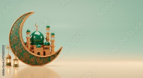 Islamic decoration with mosque inside crescent moon and lantern. Eid and ramadan theme.