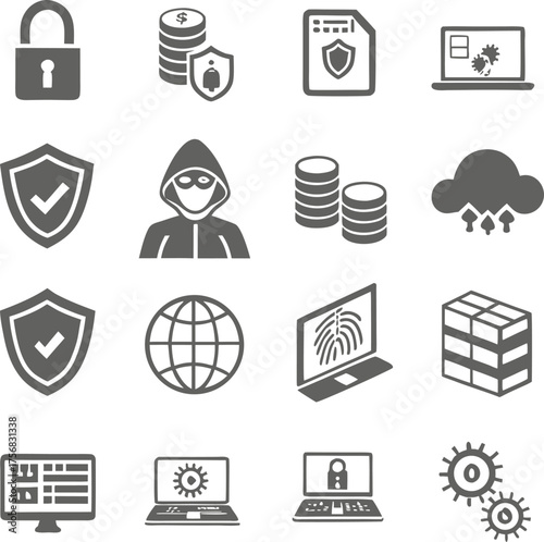Cyber Security Icons Set – Data Protection, Hacking, Encryption, Safety Symbols