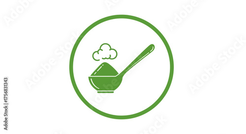 Green circular icon of a steaming bowl of hot food or powder with a spoon.