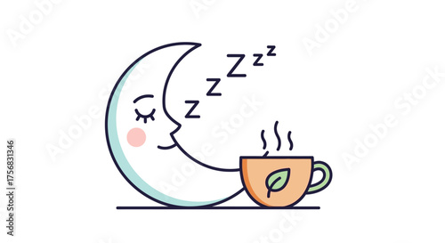 A cute sleeping crescent moon character holding a steaming cup of hot herbal tea for bedtime.