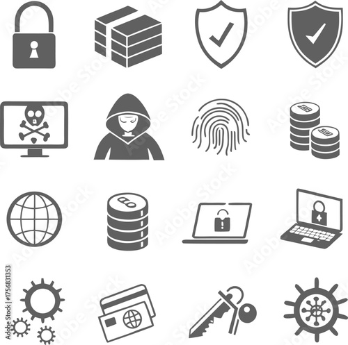 Cyber Security Icons Set – Data Protection, Hacking, Encryption, Safety Symbols