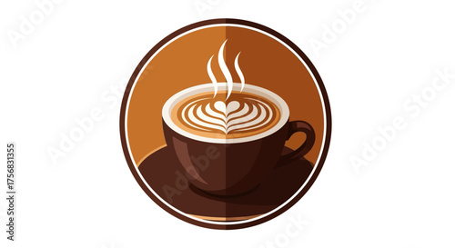 A steaming cup of coffee with heart-shaped latte art in a circular brown logo.