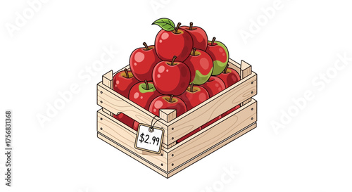A wooden crate full of fresh red apples with a $2.99 price tag, isolated on a white background.