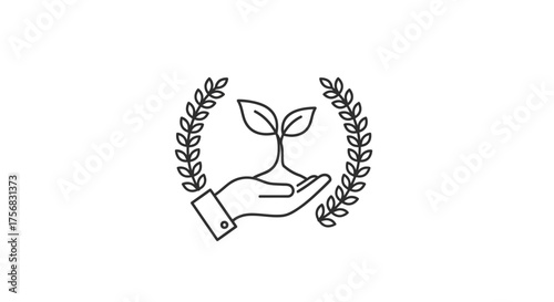 A minimalist line icon of a hand gently holding a small plant sprout, framed by a laurel wreath.