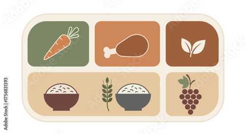 Illustration of a balanced meal tray with icons for different food groups like vegetables, protein, grains, and fruit.