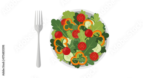 Illustration of a fresh vegetable salad in a bowl with a fork, isolated on a white background.