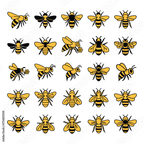 Collection of diverse bee illustrations in various poses and styles on a white background