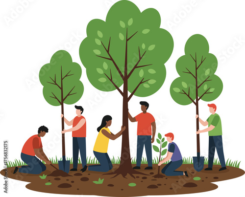 Diverse group of people planting trees and caring for nature in a lush environment isolated on transparent background
