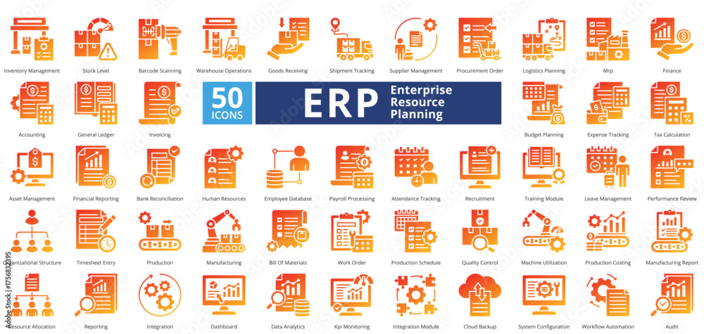 Fototapeta premium Enterprise Resource Planning glyph gradient style contains 50 icons including human resources, employee database, payroll processing, attendance tracking, recruitment, training module simple vector