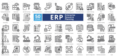 Enterprise Resource Planning outline contains 50 icons including performance review, organizational structure, timesheet entry, production, manufacturing simple vector 