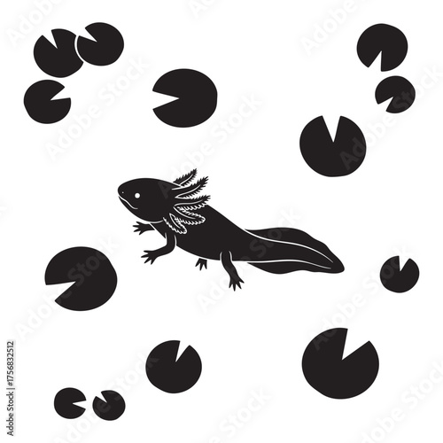  Axolotl Silhouette with Water Lily Pads - Simple Aquatic Illustration