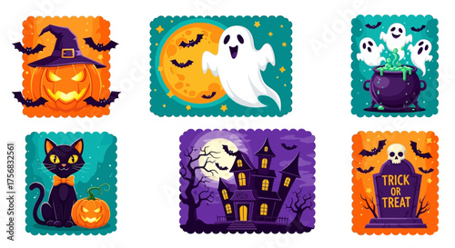 This spooky Halloween illustration set captures the essence of the holiday with iconic symbols like Jack-o'-lanterns, ghosts, black cats, haunted houses, and graveyard scenes