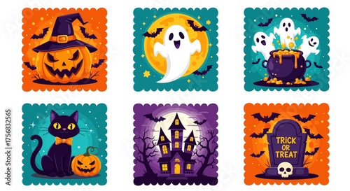 This spooky Halloween illustration set captures the essence of the holiday with iconic symbols like Jack-o'-lanterns, ghosts, black cats, haunted houses, and graveyard scenes
