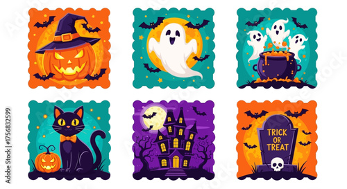 This spooky Halloween illustration set captures the essence of the holiday with iconic symbols like Jack-o'-lanterns, ghosts, black cats, haunted houses, and graveyard scenes