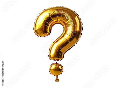 Golden metallic question mark balloon floats upright, reflecting light, ideal for parties, quizzes, celebrations, or creative concepts with a modern touch.