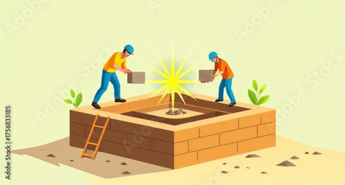 Constructive Collaboration: Two builders work together, brick by brick, under a burst of golden sunlight, showcasing a symbol of teamwork, innovation, and unity.