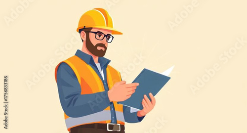 Engineering Review: A construction engineer meticulously reviews blueprints, embodying the meticulousness and expertise of their profession. 